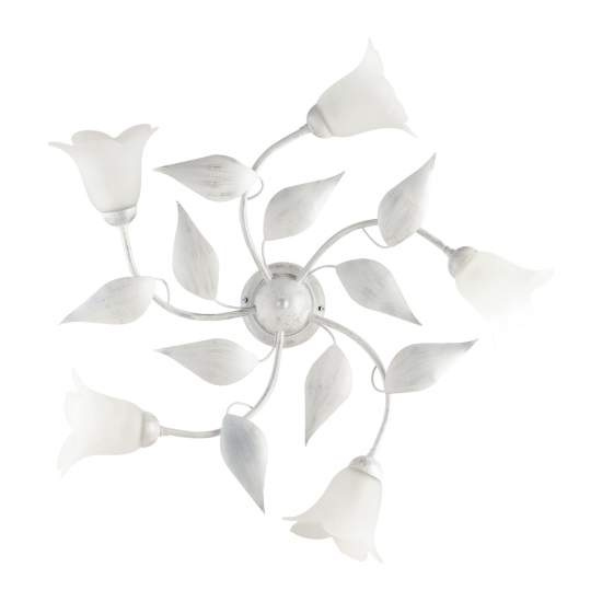 Plafoniera 5 Luci Olga Ferro Battuto E Vetro Bianco E Argento BL155-PL5-BA