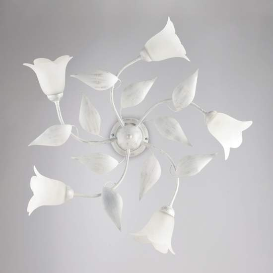 Plafoniera 5 Luci Olga Ferro Battuto E Vetro Bianco E Argento BL155-PL5-BA