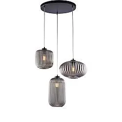 Sospensione 3 Luci Glamour Vetro Soffiato Grigio Specchiato Plissettato