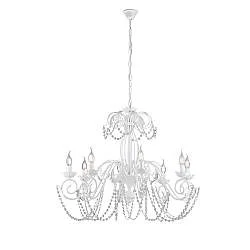 Lampadario Shabby Damasco 8 Luci Ferro Battuto Bianco E Cristalli