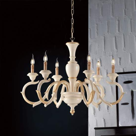 Lampadario Shabby Chic Fiorenza Legno Avorio Oro 6 Luci E14 BL172-6-AV