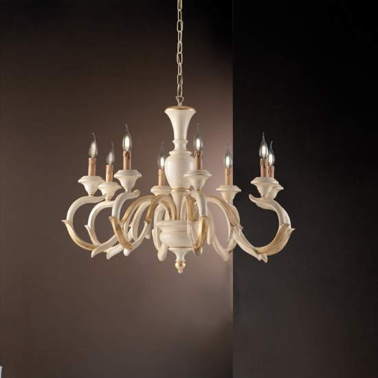 Lampadario Shabby Chic Fiorenza Legno Avorio Oro 8 Luci E14 BL172-8-AV