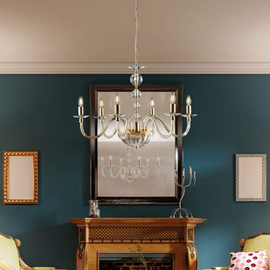 Lampadario Classico Ruben Metallo Oro E Cristallo 6 Luci E14 BL267-6-OR