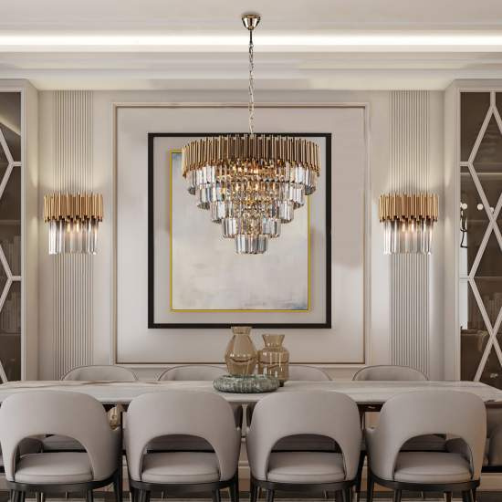 Lampadario Contemporaneo Ravel Metallo Oro E Cristallo 9 Luci E14 BL268-9-OR