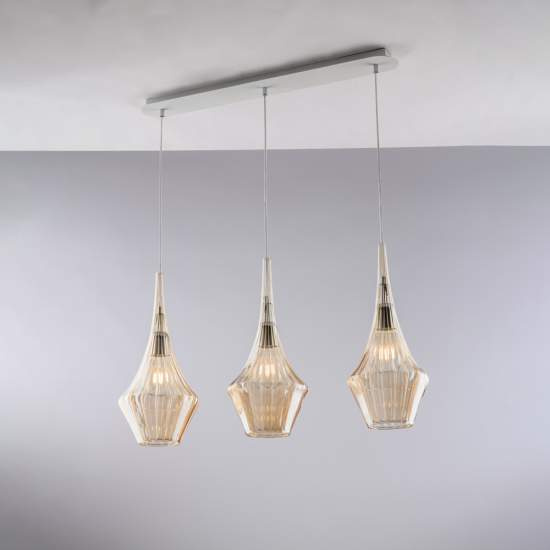 Lampadario Binario Moderno Zeus Metallo Bianco Vetro Ambra 3 Luci E27 BL270-BIN3-AM