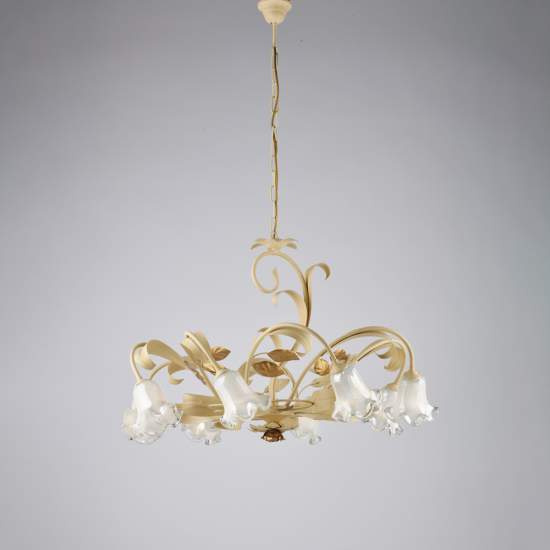 Lampadario Arte Povera Cesto Metallo Avorio E Oro 8 Luci E14 BL274-8-AV
