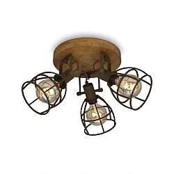 Plafoniera Vintage Korbo Metallo Ruggine Legno 3 Luci E27 Ip20