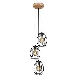 Lampadario Vintage Industrial Waktu Metallo Nero Legno Marrone 3 Luci E27