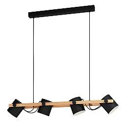 Lampadario A Sospensione Vintage Hornwood Acciaio Nero Legno 4 Luci E27