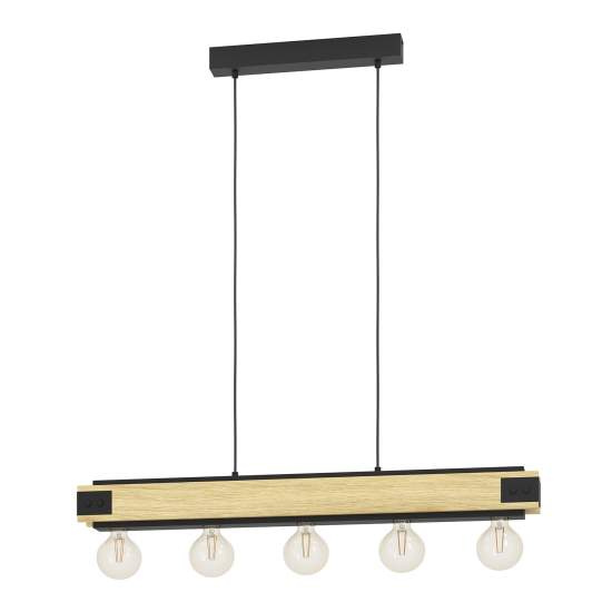 Lampadario A Sospensione Vintage Layham Metallo Nero Legno 5 Luci E27 43468