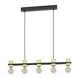 Lampadario A Sospensione Vintage Chieveley Acciaio Nero Legno 5 Luci E27