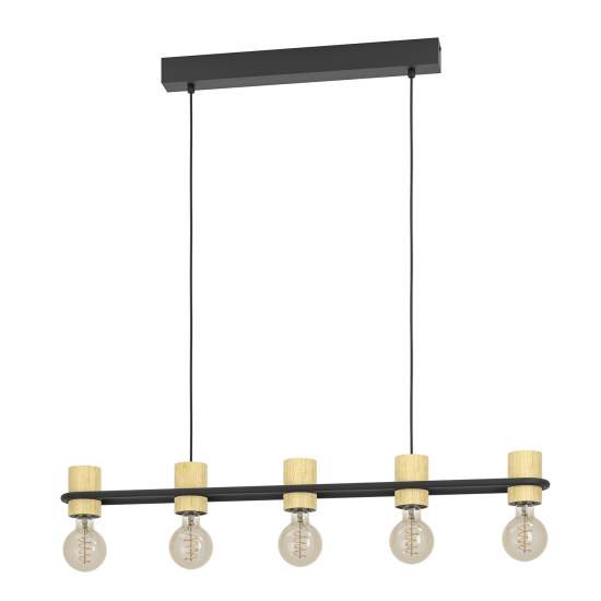 Lampadario A Sospensione Vintage Chieveley Acciaio Nero Legno 5 Luci E27 43541