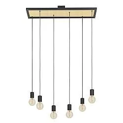 Lampadario A Sospensione Vintage Consett Acciaio Nero Legno 6 Luci E27