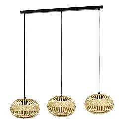 Lampadario A Sospensione Vintage Amsfield 1 Acciaio Nero Legno 3 Luci E27