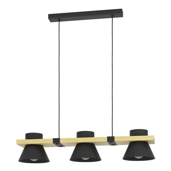 Lampadario A Sospensione Vintage Maccles Acciaio Nero Legno 3 Luci E27 43956