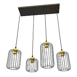 Sospensione Minimal Industrial Minerva 4 Luci Lineari Nera E Oro