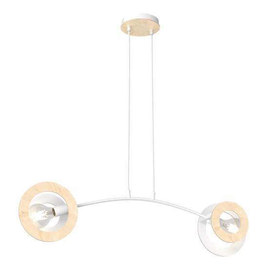 Lampadario 2 Luci Rea Acciaio Bianco Legno Naturale E Diffusori Doppio Cerchio LA0026-EB-2-BI