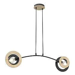 Lampadario 2 Luci Djehuty Acciaio Nero Legno Naturale Diffusori Doppio Cerchio
