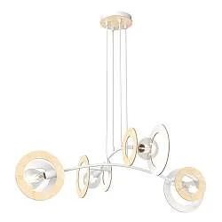 Lampadario 4 Luci Djehuty Acciaio Bianco Legno Naturale Diffusori Doppio Cerchio