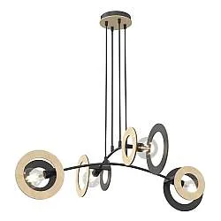 Lampadario 4 Luci Djehuty Acciaio Nero Legno Naturale Diffusori Doppio Cerchio
