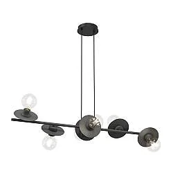 Lampadario 6 Luci Djehuty In Acciaio Nero Con Barra E Diffusori A Piatti
