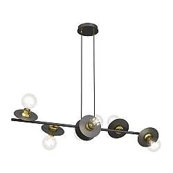 Lampadario 6 Luci Djehuty Acciaio Nero E Oro Con Barra E Diffusori A Piatti