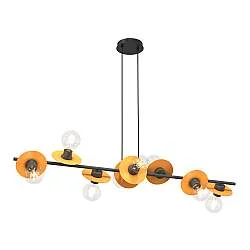 Lampadario 8 Luci Sakhmet Acciaio Nero E Arancio Con Barra E Diffusori A Piatti
