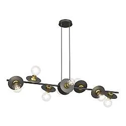 Lampadario 8 Luci Sakhmet Acciaio Nero E Oro Con Barra E Diffusori A Piatti