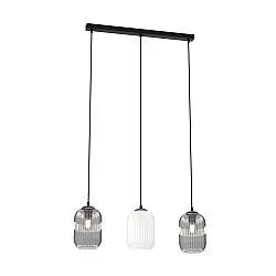 Lampadario 3 Luci Nuit Acciaio Nero E Vetri Plissettati In Bianco E Fumè