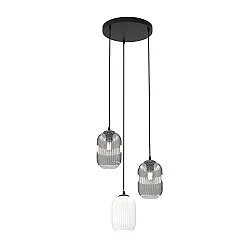 Lampadario 3 Luci Nuit Base Tonda Acciaio Nero Vetri Plissettati Bianco Fumè