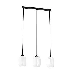 Lampadario 3 Luci Nuit Acciaio Nero E Vetri Plissettati Color Opale