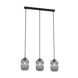 Lampadario 3 Luci Nuit In Acciaio Nero E Vetri Plissettati Fumè