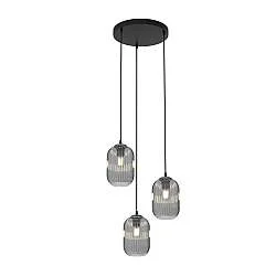 Lampadario 3 Luci Nuit Base Tonda Acciaio Nero E Vetri Plissettati Fumè