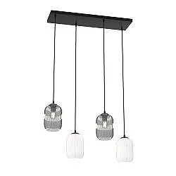 Lampadario 4 Luci Nuit Acciaio Nero E Vetri Plissettati In Bianco E Fumè