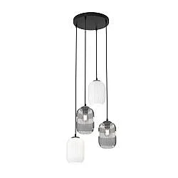 Lampadario 4 Luci Nuit Tonda Acciaio Nero Vetri Plissettati Bianco Fumè