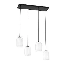Lampadario 4 Luci Nuit In Acciaio Nero E Vetri Plissettati Bianchi