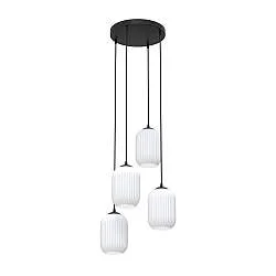 Lampadario 4 Luci Nuit Base Tonda Acciaio Nero Vetri Plissettati Bianchi