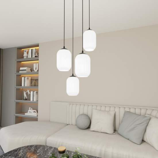 Lampadario 4 Luci Selene Base Tonda In Acciaio Nero E Vetri Plissettati Bianchi LA0029-EB-4-NR-BI2
