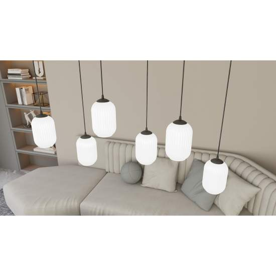 Lampadario 4 Luci Selene Base Tonda In Acciaio Nero E Vetri Plissettati Bianchi LA0029-EB-4-NR-BI2