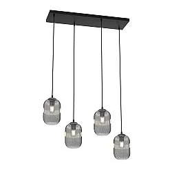 Lampadario 4 Luci Nuit In Acciaio Nero E Vetri Plissettati Fumè