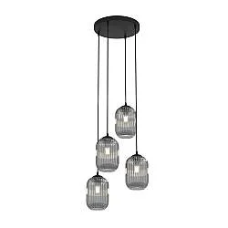 Lampadario 4 Luci Nuit Base Tonda Acciaio Nero E Vetri Plissettati Fumè