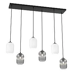Lampadario 6 Luci Nuit Acciaio Nero E Vetri Plissettati In Bianco E Fumè