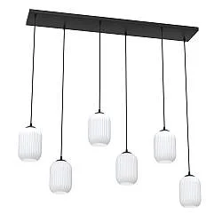 Lampadario 6 Luci Nuit In Acciaio Nero E Vetri Plissettati Bianchi