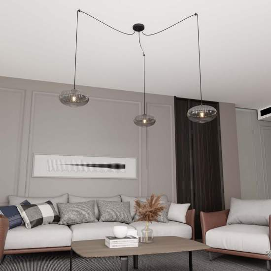 Lampadario 3 Luci Elios In Acciaio Nero Paralume Plissettato Fumè LA0030-EB-3-NR