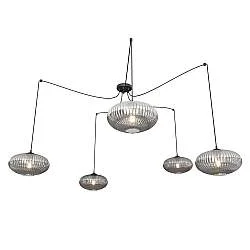 Lampadario 5 Luci Peteh In Acciaio Nero Paralume Plissettato Fumè