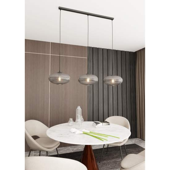Lampadario 3 Luci Iris In Acciaio Nero Paralume Plissettato Fumè LA0031-EB-3-NR-GR