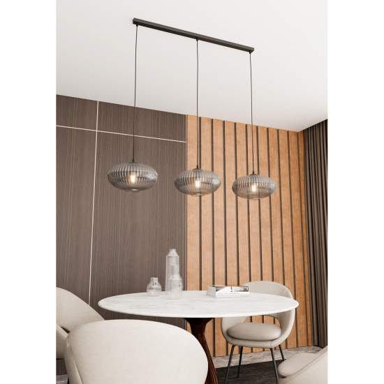 Lampadario 3 Luci Iris In Acciaio Nero Paralume Plissettato Fumè LA0031-EB-3-NR-GR