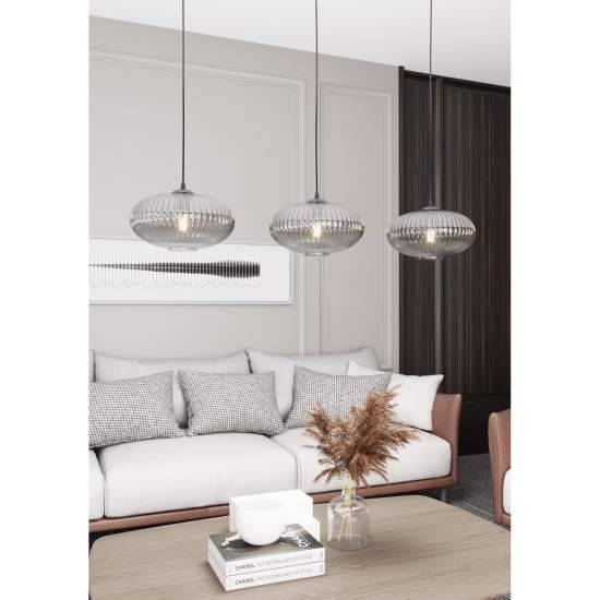 Lampadario 3 Luci Iris In Acciaio Nero Paralume Plissettato Fumè LA0031-EB-3-NR-GR