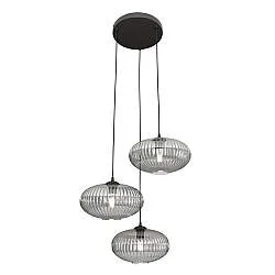 Lampadario 3 Luci Suchos Base Tonda Acciaio Nero Paralume Plissettato Fumè
