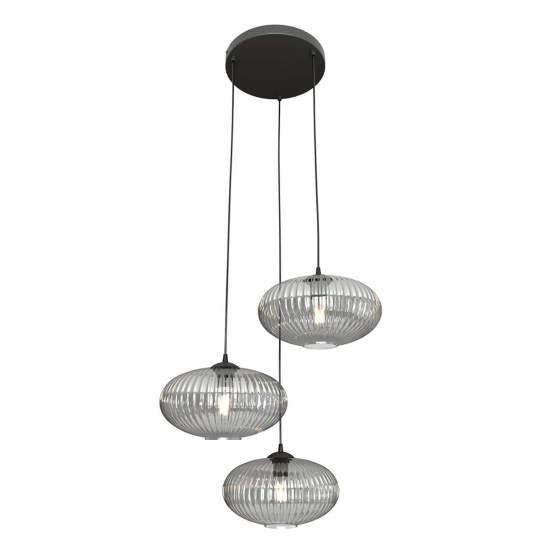 Lampadario 3 Luci Iris Base Tonda In Acciaio Nero Paralume Plissettato Fumè LA0031-EB-3-NR-GR2